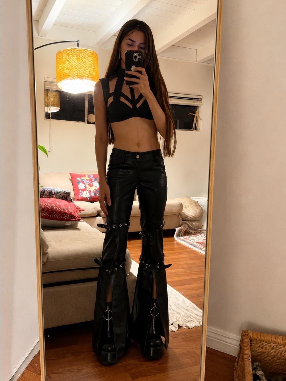 Dolls Kill Black Vegan Leather Grommet Split-Leg Pants